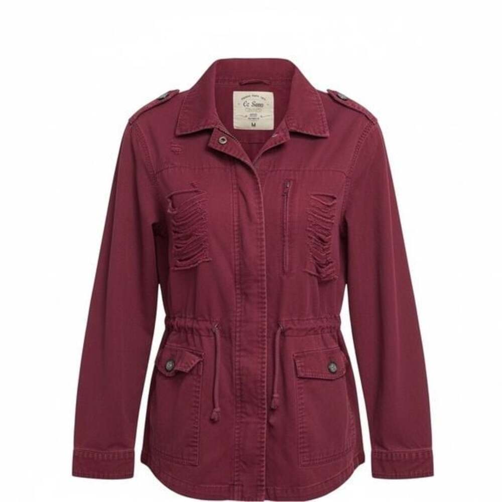 Ci Sono Distressed Drawstring Utility Jacket - Wine